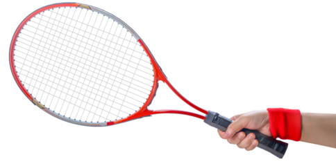 Sport equipment ,Woman Hand holding Red Tennis racket  isolated On White background PNG File.