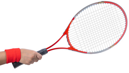 Sport equipment ,Woman Hand holding Red Tennis racket  isolated On White background PNG File.