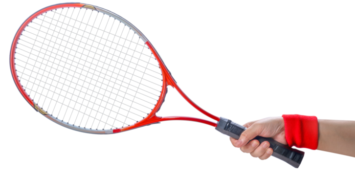 Sport equipment ,Woman Hand holding Red Tennis racket  isolated On White background PNG File.