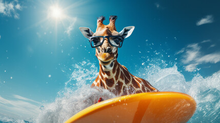 Cool giraffe surfer surfer in sunglasses on a board on a wave in the ocean. Place for text. - obrazy, fototapety, plakaty