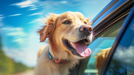 a dog hanging his tongue out of the window of a car. Space for text,