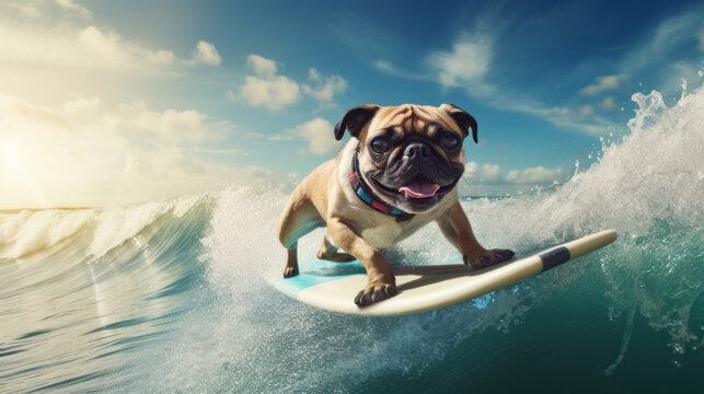 cool dog french bulldog surfer surfer in sunglasses on a board on a wave in the ocean. Place for text