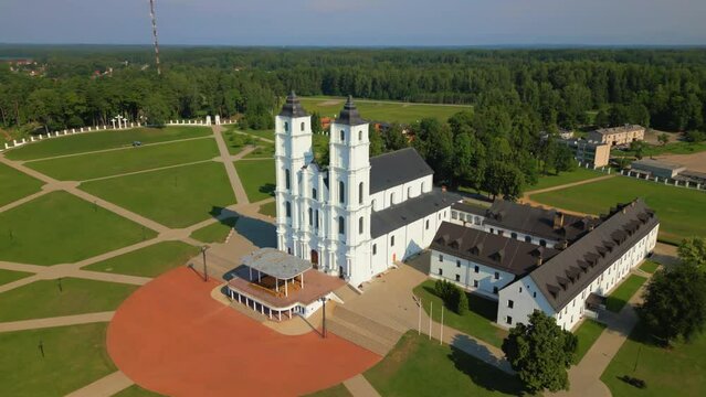 Holy basilica of Aglona in Latvia drone aerial orbit to right