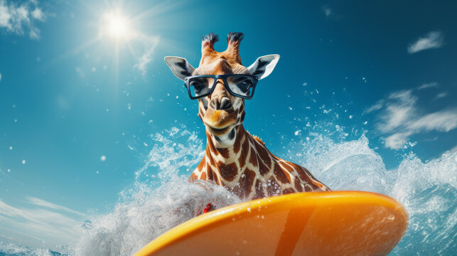 Cool giraffe surfer surfer in sunglasses on a board on a wave in the ocean. Place for text.