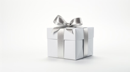 Side view of white gift box decorated with silver ribbon. The white box is isolated on a light background. Space for text