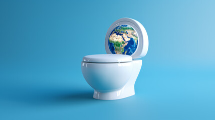 world toilet day background, copy space.  toilet bowl with a world map on a blue background.