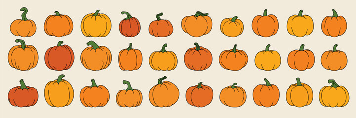 Lange collection of pumpkins colored outline. Hand drawn pumpkins icon set. Decoration for harvest festival. Vector illustration.