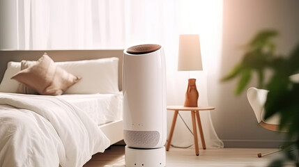 Air purifier in cozy white bedroom for filter and cleaning removing dust PM2.5 HEPA and virus in home,for fresh air and healthy Wellness life. Generative ai