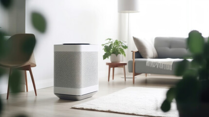 Air purifier in cozy white living room for filter and cleaning removing dust PM2.5 HEPA and virus in home, Air Pollution Concept. Generative ai