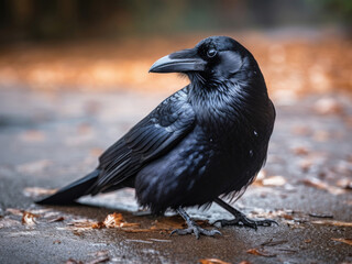 Fototapeta premium A black american crow on the ground