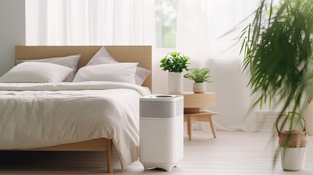 Air purifier in cozy white bedroom for filter and cleaning removing dust PM2.5 HEPA and virus in home,for fresh air and healthy Wellness life. Generative ai
