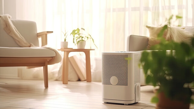 Air purifier in cozy white living room for filter and cleaning removing dust PM2.5 HEPA and virus in home, Air Pollution Concept. Generative ai