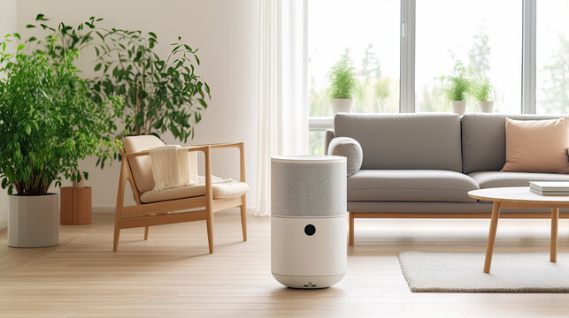 Air purifier in cozy white living room for filter and cleaning removing dust PM2.5 HEPA and virus in home, Air Pollution Concept. Generative ai