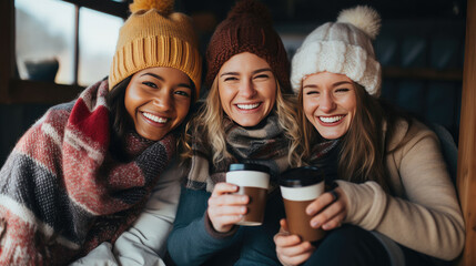 Obraz premium group of friends drinking hot chocolate Generated Ai
