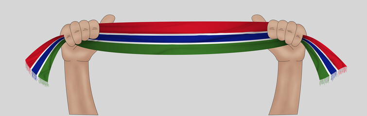 3D illustration. Hand holding flag of Gambia on a fabric ribbon background.