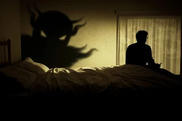 Fotobehang Horror, insomnia, states of mind, nightmares concept. Evil shadow silhouette watching sleeping people. Ghost, devil or scary looking dark figure in sleeping room. Generative AI © Rytis