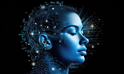 The female face embodies the power and grace of artificial intelligence.