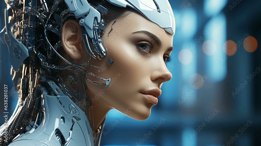Poster connection of human woman and artificial intelligence robot. the concept of merging a person and a c