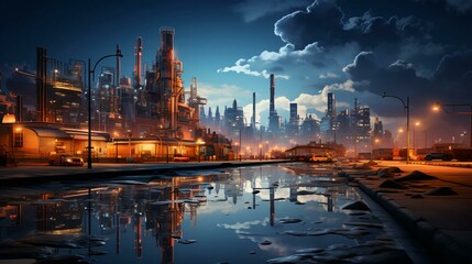 Fototapeta na wymiar Industrial oil refinery petrochemical chemical plant with equipment and tall pipes at night. AI generated