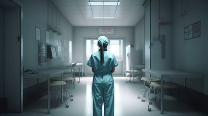 Fototapeta premium Doctor medical worker stands in the corridor in the hospital medical facility view from the back. AI generated
