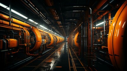 Fototapeta premium Modern chemical industrial equipment, shell-and-tube heat exchangers for cooling liquids in an oil refinery, petrochemical plant. AI generated