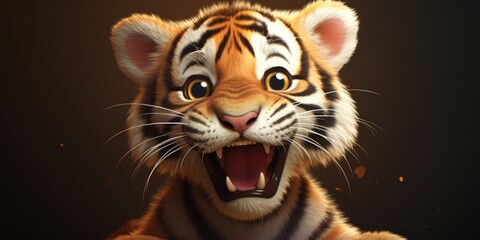 a cute and happy tiger with eyes wide open in cartoon style