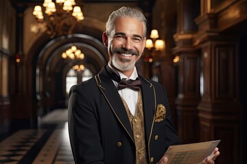 smiling concierge warmly welcoming guests at a luxurious five star hotel (Generative AI) - obrazy, fototapety, plakaty