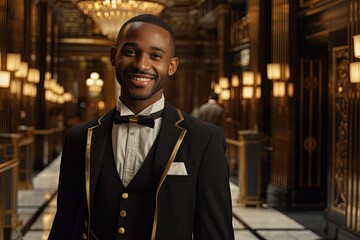 smiling concierge warmly welcoming guests at a luxurious five star hotel (Generative AI)