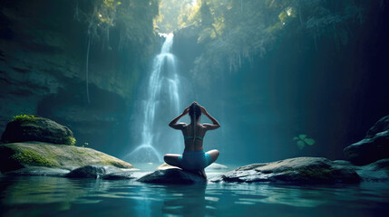 A strong woman practicing yoga near a mesmerizing waterfall, balancing in a crow pose, soothing blue and green tones