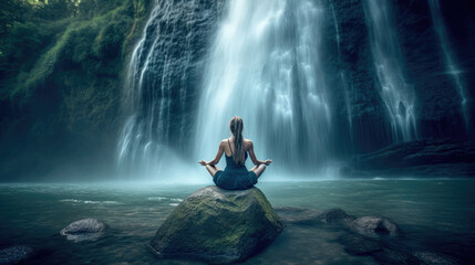 A strong woman practicing yoga near a mesmerizing waterfall, balancing in a crow pose, soothing blue and green tones