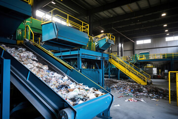Waste sorting plant. Many different conveyors and bins. conveyors filled with various household waste. Waste disposal and recycling. Waste processing plant.