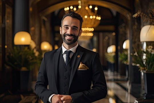 smiling concierge warmly welcoming guests at a luxurious five star hotel (Generative AI)
