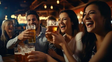 Group of hispanic friends drinking beer mugs at a bar, happy, cheerful. Generative AI
