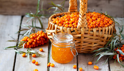 jam from a sea-buckthorn and berry of an organic sea-buckthorn in a basket. style rustic ....