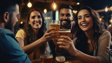 Naklejka premium Group of hispanic friends drinking beer mugs at a bar, happy, cheerful. Generative AI