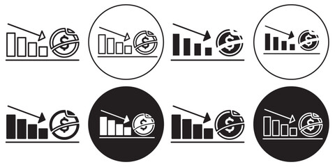 Bankruptcy Icon. Symbol of dollar value goes down so as the profit of company business decreasing in profit. Vector set of finance money crisis in economy market. Flat outline logo of chart declining
