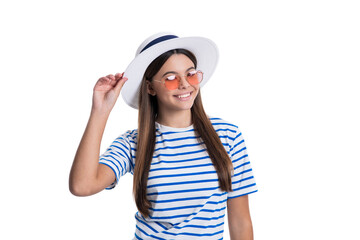 summer stylish teenager girl in studio. photo of summer stylish teenager girl wearing striped tshirt