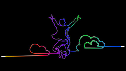 Illustration of a happy man jumping with clouds in the background