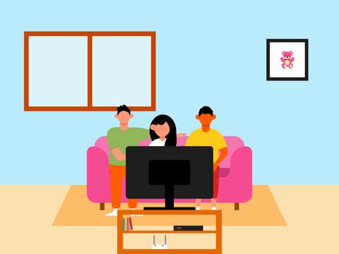 Family concept vector illustration. Happy family veector illustration. Flat vector illustration family activities. Family is watching tv on living room