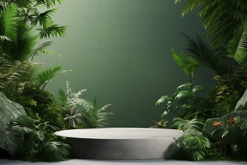 Concrete podium in tropical forest for product presentation and green wall, Generative AI