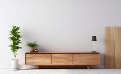 Wood TV cabinet interior wall mockup in modern empty room,minimal design, Generative AI