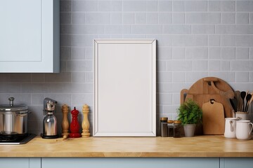 Mock up poster frame in kitchen interior, Generative AI