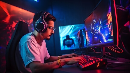 Fototapeta na wymiar Professional male esports streamer playing online game computer with headphones, Room Lit by Neon Lights in Retro Arcade Style