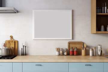 Mock up poster frame in kitchen interior, Generative AI