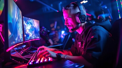Fototapeta na wymiar Professional gamer playing online games tournament with headphones, Room Lit by Neon Lights in Retro Arcade Style