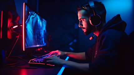 Fototapeta premium Professional male esports streamer playing online game computer with headphones, Room Lit by Neon Lights in Retro Arcade Style