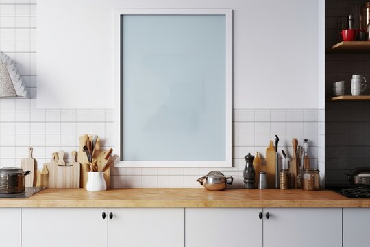 Mock up poster frame in kitchen interior, Generative AI