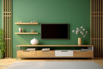 On a green color wall background, a modern living room decor with a tv cabinet, Generative AI