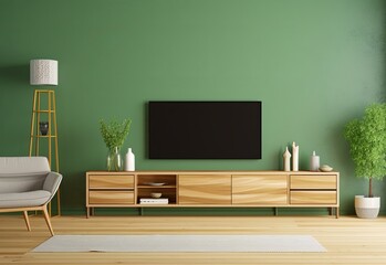 On a green color wall background, a modern living room decor with a tv cabinet, Generative AI