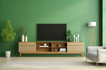On a green color wall background, a modern living room decor with a tv cabinet, Generative AI